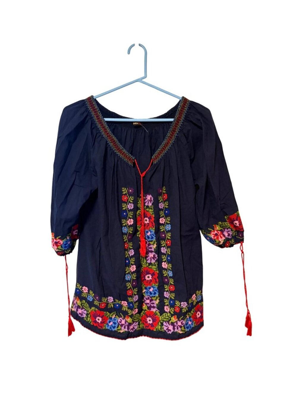 Durga Womens Size XXL Blue Boho Embroidered Boho Top Shirt Floral Peasant 3/4 ba